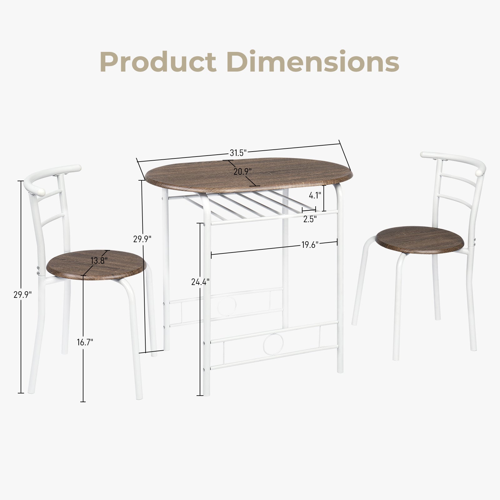 VINGLI 3 Piece Bistro Dining Set, Kitchen Compact Table Breakfast Table, Space-Saving Design Kitchen Wooden Table and 2 Chairs for Small Space\u002FDining Room\u002FApartment,Metal Frame,Wine Rack