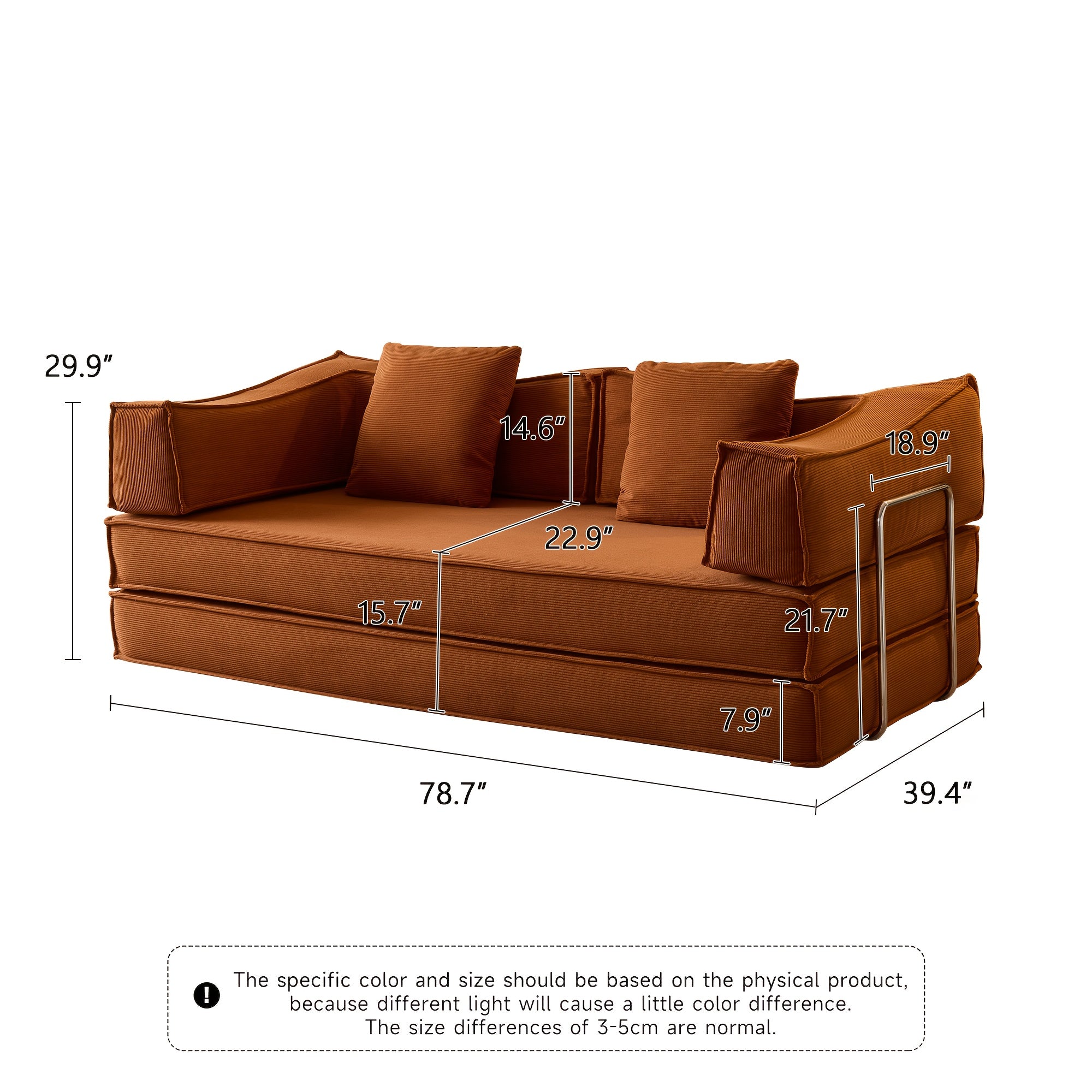 Collapsible Three-Seater Fabric Sofa Bed with Square Armrests, Modular Compressed Living Room Sofa Set, Retro Plush Chenille Casual Chair Sofa, Lazy Sofa, Bedroom Mattress Sleeping Couch, Light Gray, Caramel, Beige