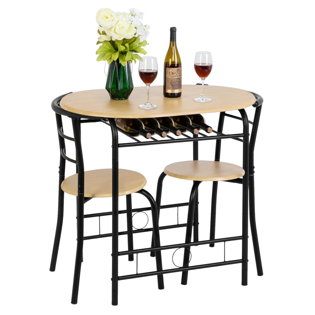 VINGLI 3 Piece Bistro Dining Set, Kitchen Compact Table Breakfast Table, Space-Saving Design Kitchen Wooden Table and 2 Chairs for Small Space\u002FDining Room\u002FApartment,Metal Frame,Wine Rack