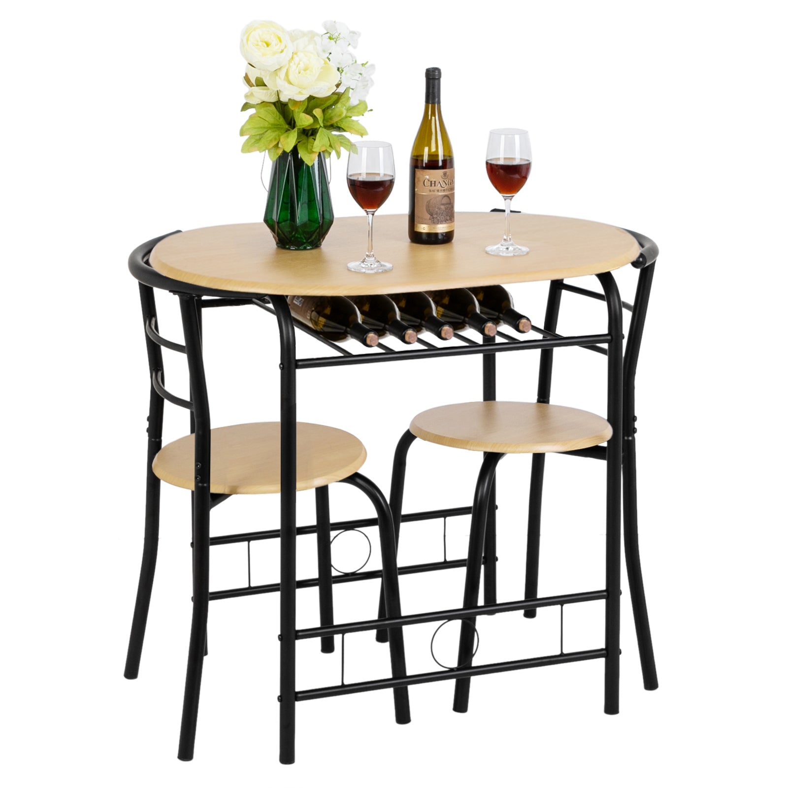 VINGLI 3 Piece Bistro Dining Set, Kitchen Compact Table Breakfast Table, Space-Saving Design Kitchen Wooden Table and 2 Chairs for Small Space\u002FDining Room\u002FApartment,Metal Frame,Wine Rack