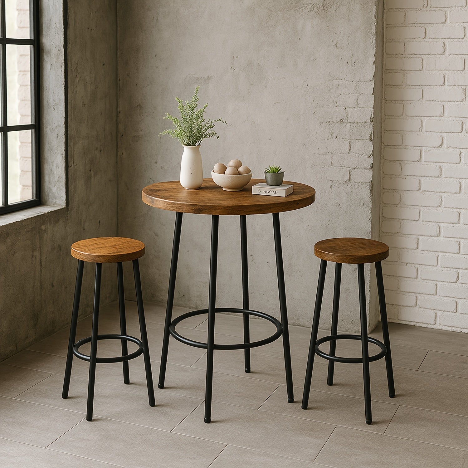 Dining Room Table Set, Round Kitchen Table Set with Steel Frame Table, 3pcs Dining Table Set, Breakfast Table for 2, Small Space, Farmhouse, Kitchen, Cafe, Dining, Rustic Brown