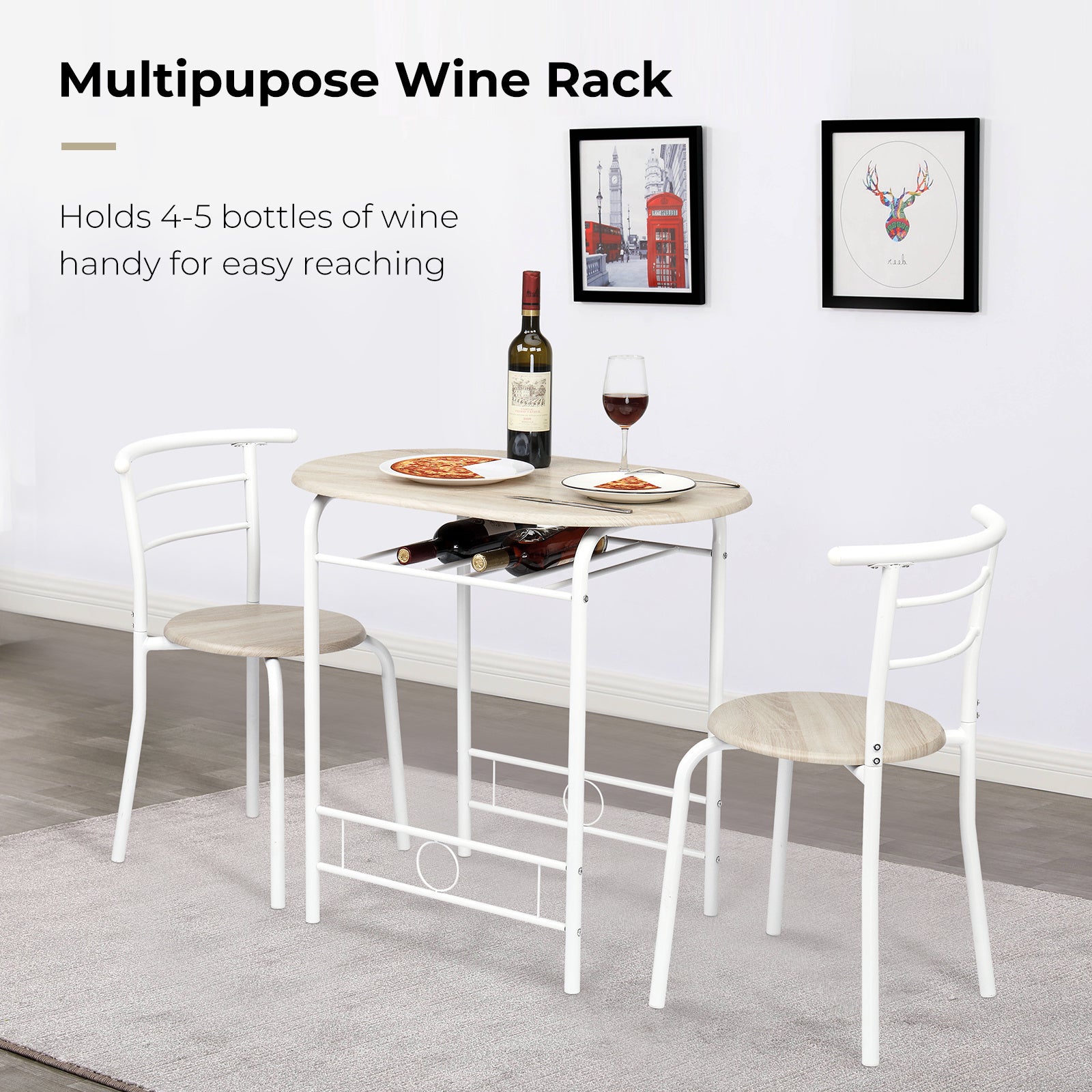 VINGLI 3 Piece Bistro Dining Set, Kitchen Compact Table Breakfast Table, Space-Saving Design Kitchen Wooden Table and 2 Chairs for Small Space\u002FDining Room\u002FApartment,Metal Frame,Wine Rack