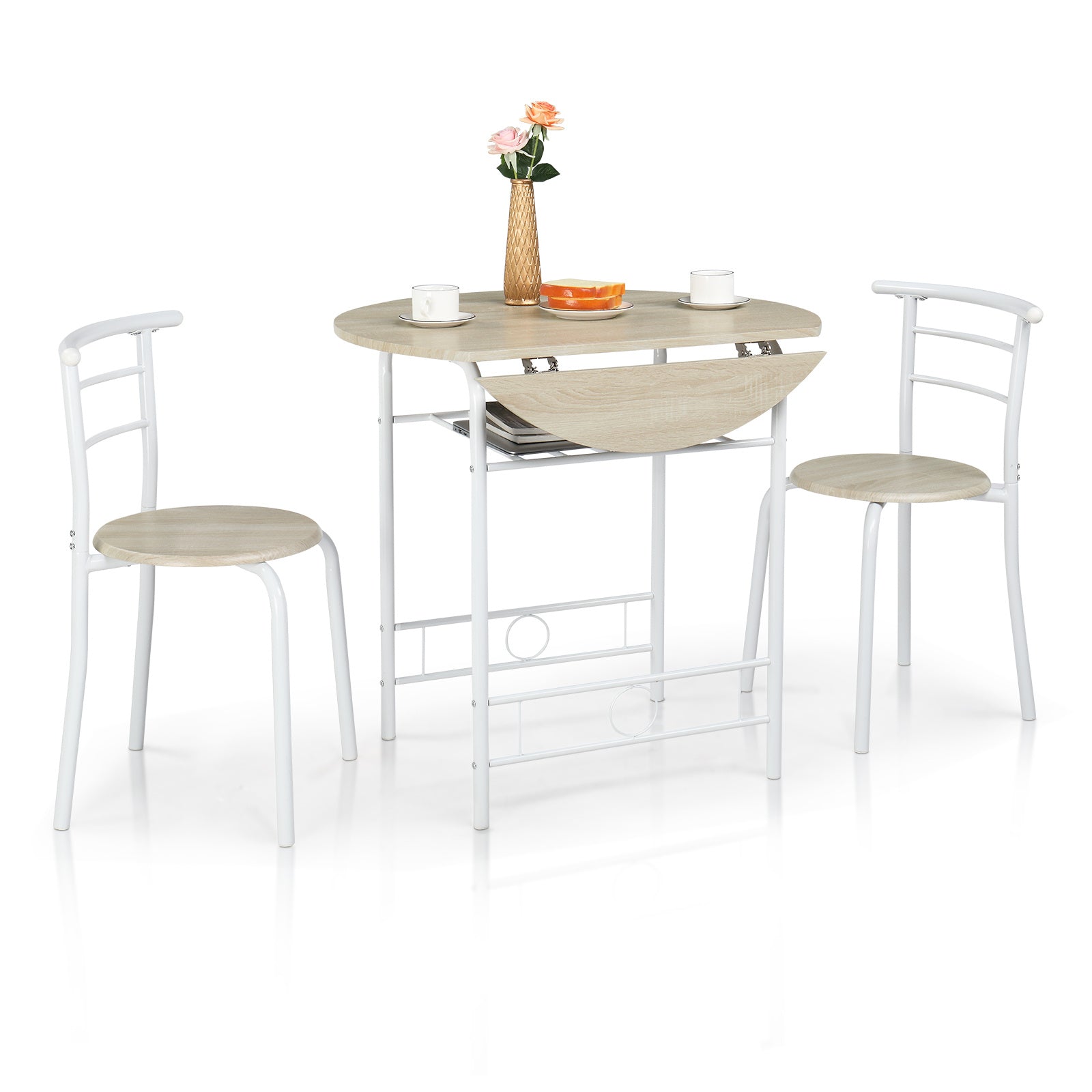 VINGLI 3 Piece Bistro Dining Set, Kitchen Compact Table Breakfast Table, Space-Saving Design Kitchen Wooden Table and 2 Chairs for Small Space\u002FDining Room\u002FApartment,Metal Frame,Wine Rack