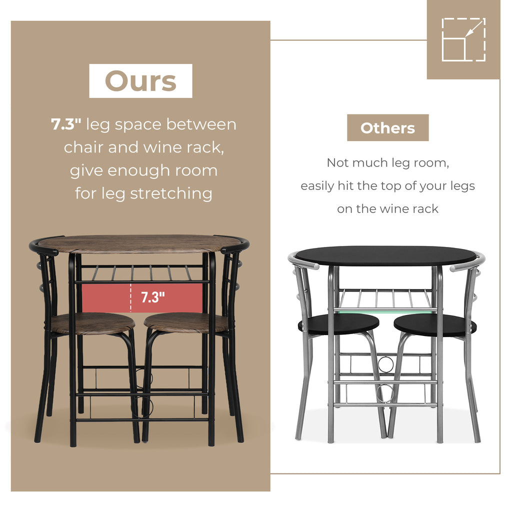 VINGLI 3 Piece Bistro Dining Set, Kitchen Compact Table Breakfast Table, Space-Saving Design Kitchen Wooden Table and 2 Chairs for Small Space\u002FDining Room\u002FApartment,Metal Frame,Wine Rack