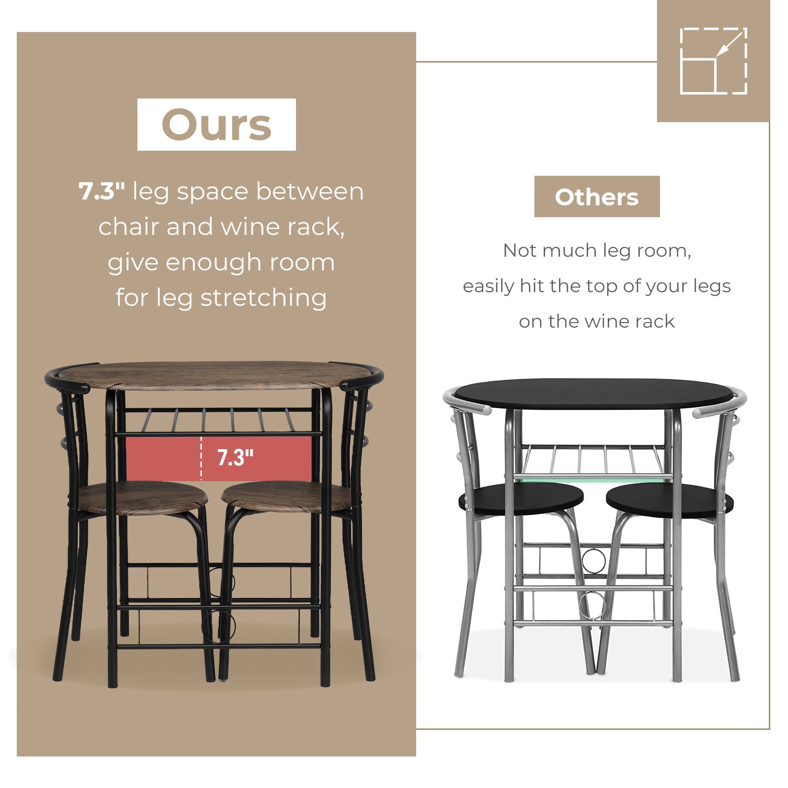 VINGLI 3 Piece Bistro Dining Set, Kitchen Compact Table Breakfast Table, Space-Saving Design Kitchen Wooden Table and 2 Chairs for Small Space\u002FDining Room\u002FApartment,Metal Frame,Wine Rack