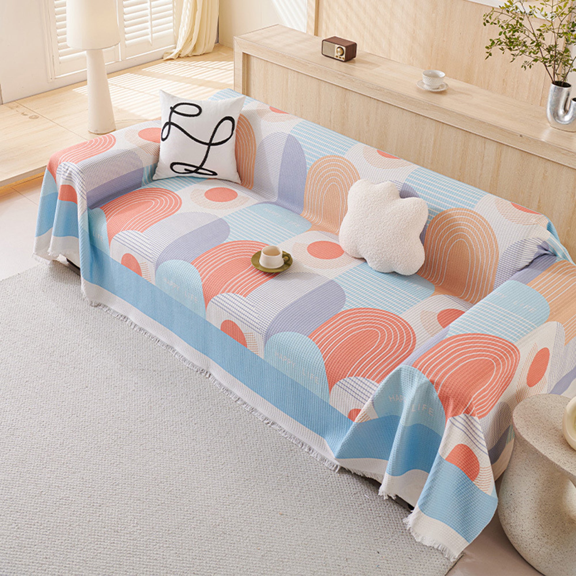 Washable Waffle Sofa Cover with Tassels - Geometric Pattern, Decorative Couch Protector for Pets and Youngsters, Fits Single to Double Seat Sofas, Youngsters Play Cover | Contemporary Sofa Cover | Easycare Fabric
