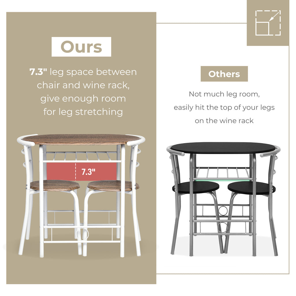 VINGLI 3 Piece Bistro Dining Set, Kitchen Compact Table Breakfast Table, Space-Saving Design Kitchen Wooden Table and 2 Chairs for Small Space\u002FDining Room\u002FApartment,Metal Frame,Wine Rack