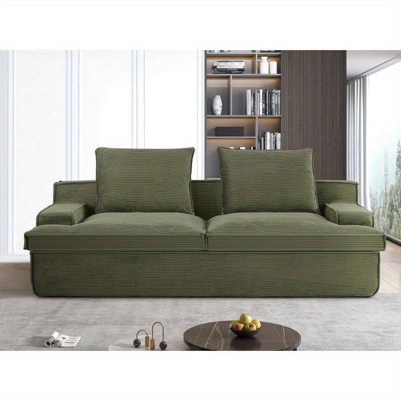 Vintage Green Corduroy Couch with Soft Foam Cushion, 4-Seater Ergonomic Design, Wide Armrests & Oversized 90\