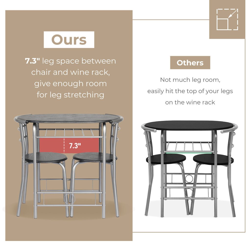 VINGLI 3 Piece Bistro Dining Set, Kitchen Compact Table Breakfast Table, Space-Saving Design Kitchen Wooden Table and 2 Chairs for Small Space\u002FDining Room\u002FApartment,Metal Frame,Wine Rack
