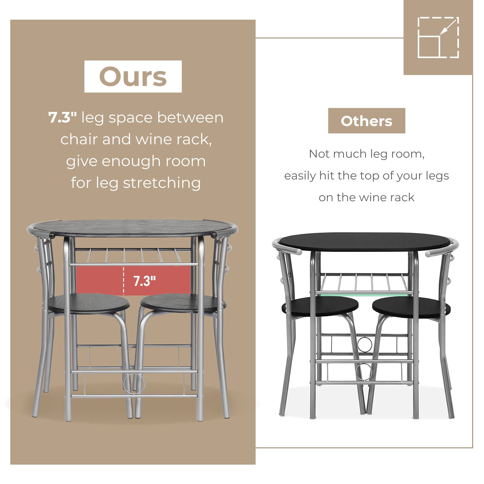 VINGLI 3 Piece Bistro Dining Set, Kitchen Compact Table Breakfast Table, Space-Saving Design Kitchen Wooden Table and 2 Chairs for Small Space\u002FDining Room\u002FApartment,Metal Frame,Wine Rack