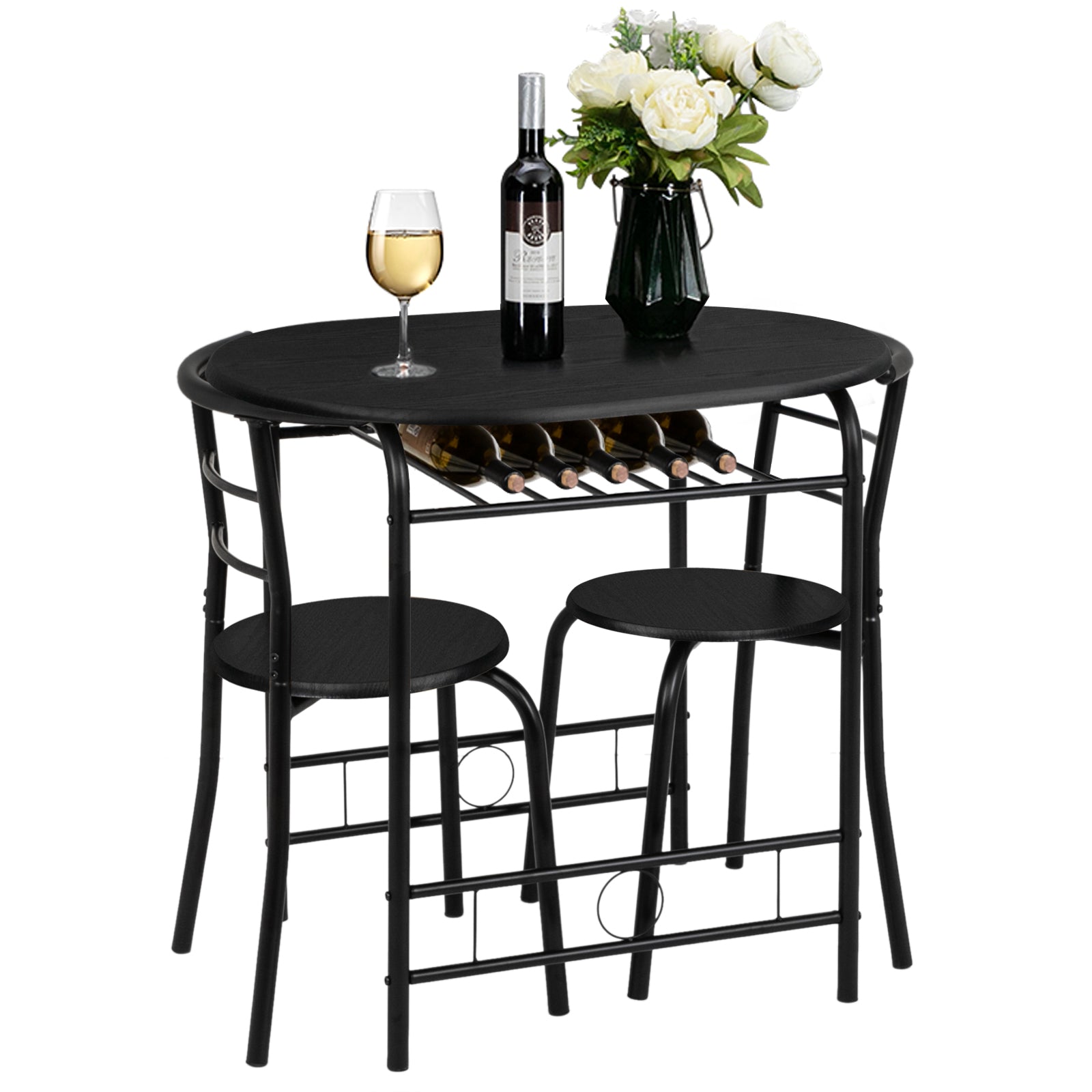 VINGLI 3 Piece Bistro Dining Set, Kitchen Compact Table Breakfast Table, Space-Saving Design Kitchen Wooden Table and 2 Chairs for Small Space\u002FDining Room\u002FApartment,Metal Frame,Wine Rack