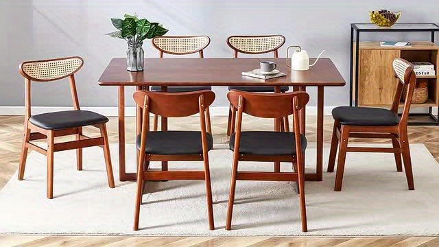 Table And Chair Set, 1 Table And 4 Or 6 Chairs, Mid-Century Modern Table & Chair Set, Kitchen Furniture Set With 4 Or 6 Chairs, Ancient Style Solid Wood Dining Table, Imitation Rattan Table Legs, Farmhouse Style