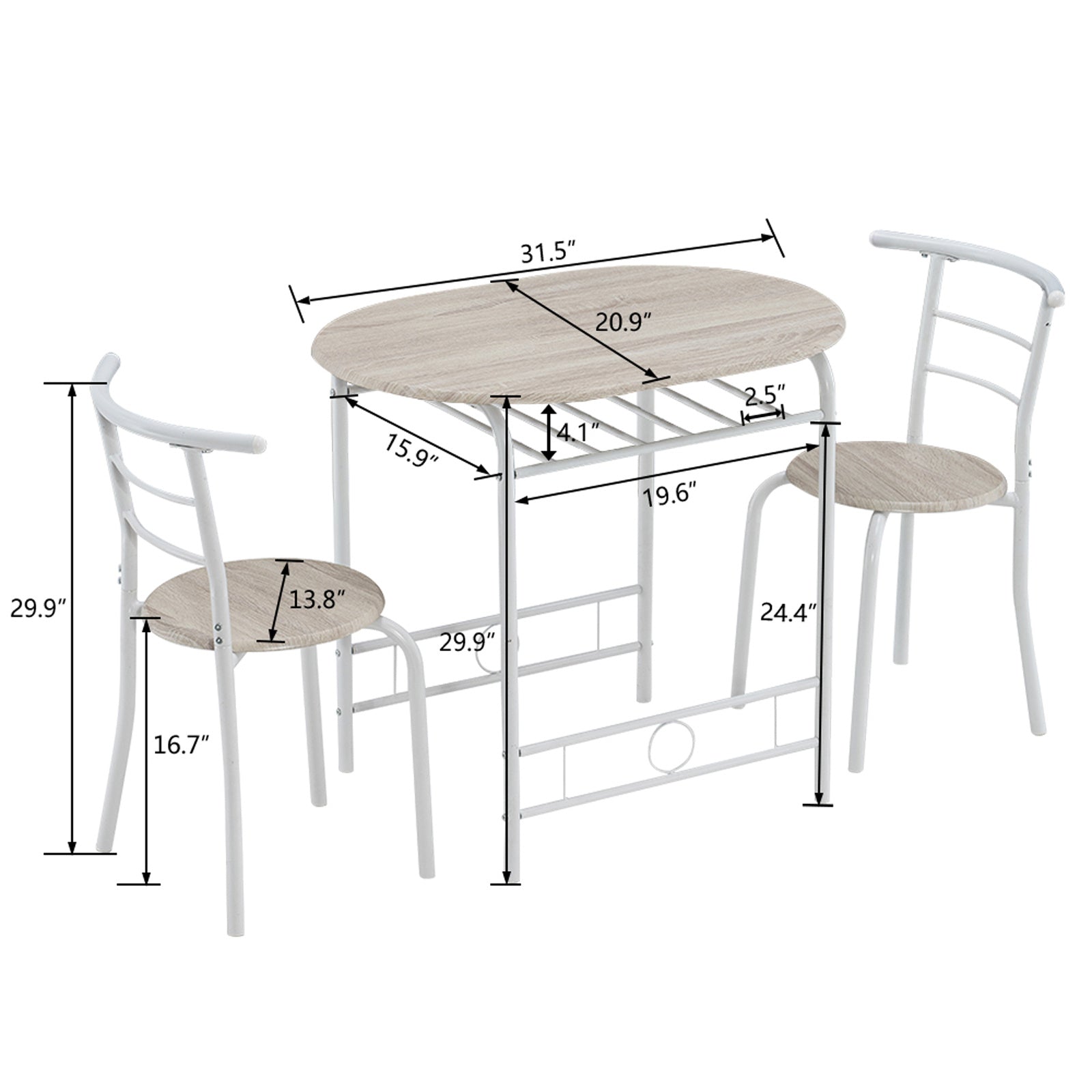 VINGLI 3 Piece Bistro Dining Set, Kitchen Compact Table Breakfast Table, Space-Saving Design Kitchen Wooden Table and 2 Chairs for Small Space\u002FDining Room\u002FApartment,Metal Frame,Wine Rack