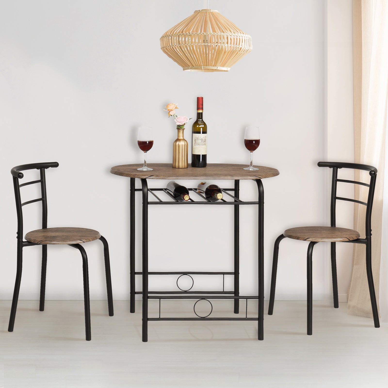 VINGLI 3 Piece Bistro Dining Set, Kitchen Compact Table Breakfast Table, Space-Saving Design Kitchen Wooden Table and 2 Chairs for Small Space\u002FDining Room\u002FApartment,Metal Frame,Wine Rack