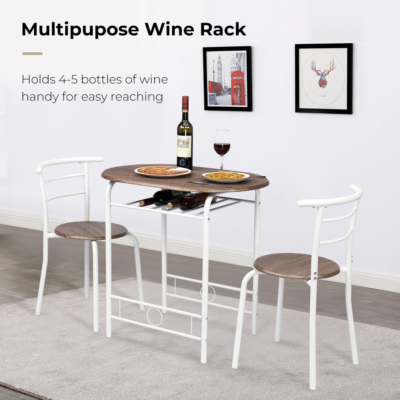 VINGLI 3 Piece Bistro Dining Set, Kitchen Compact Table Breakfast Table, Space-Saving Design Kitchen Wooden Table and 2 Chairs for Small Space\u002FDining Room\u002FApartment,Metal Frame,Wine Rack