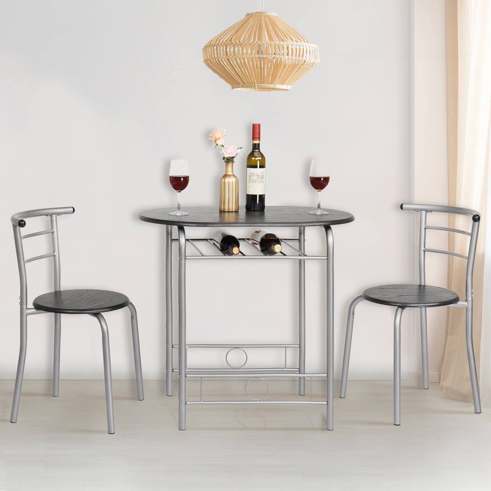 VINGLI 3 Piece Bistro Dining Set, Kitchen Compact Table Breakfast Table, Space-Saving Design Kitchen Wooden Table and 2 Chairs for Small Space\u002FDining Room\u002FApartment,Metal Frame,Wine Rack
