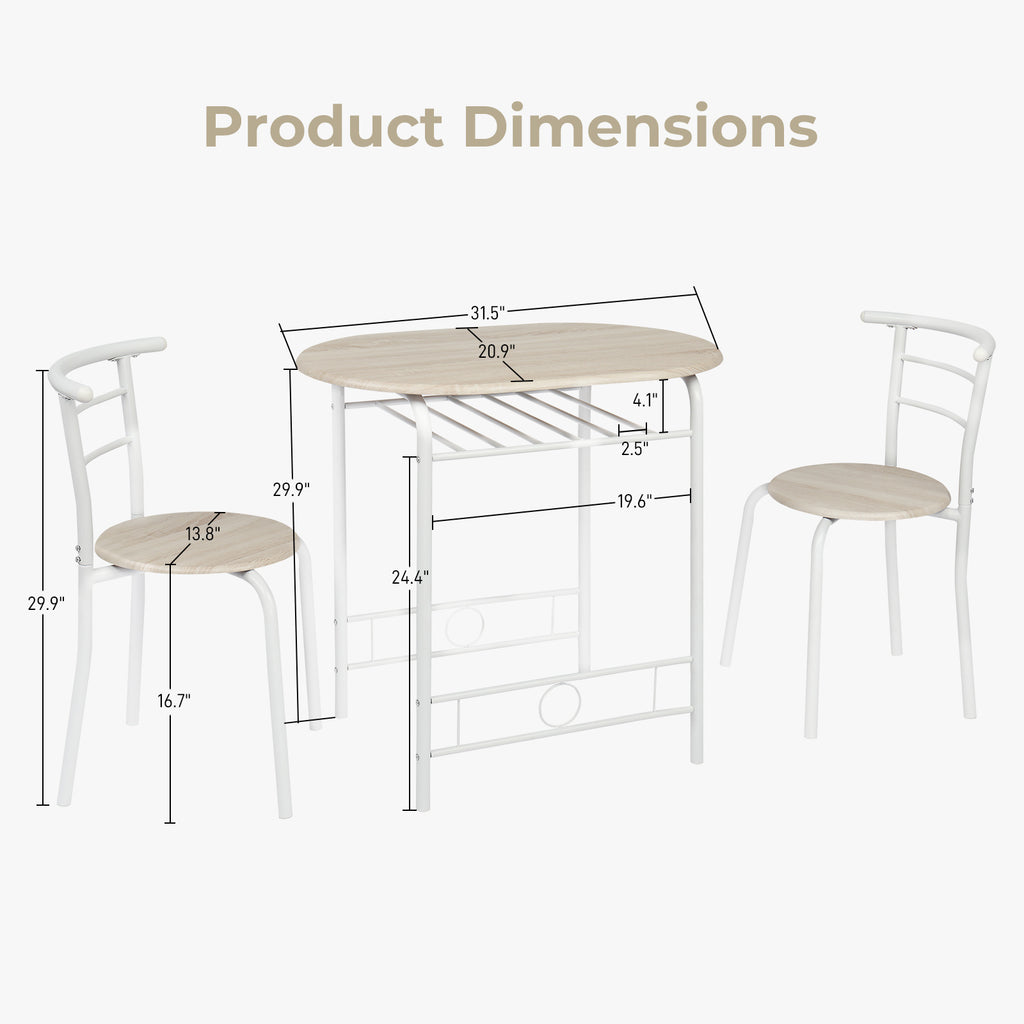 VINGLI 3 Piece Bistro Dining Set, Kitchen Compact Table Breakfast Table, Space-Saving Design Kitchen Wooden Table and 2 Chairs for Small Space\u002FDining Room\u002FApartment,Metal Frame,Wine Rack