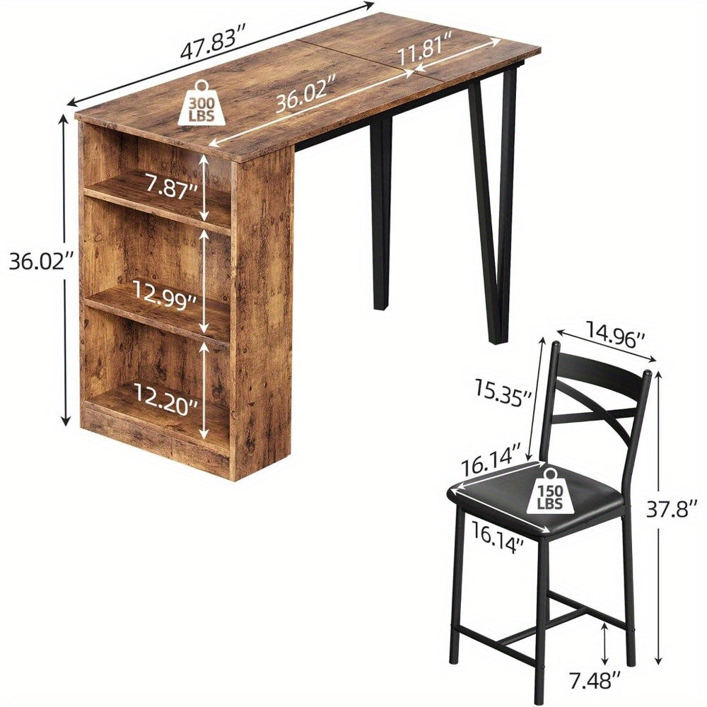 Dining Table Set for 2, Kitchen Bar Table and Chairs for 2, Expandable Counter Height Bar Table Set with 3 Storage, Kitchen Table Set with 2 Upholstered Chairs, Rustic Brown