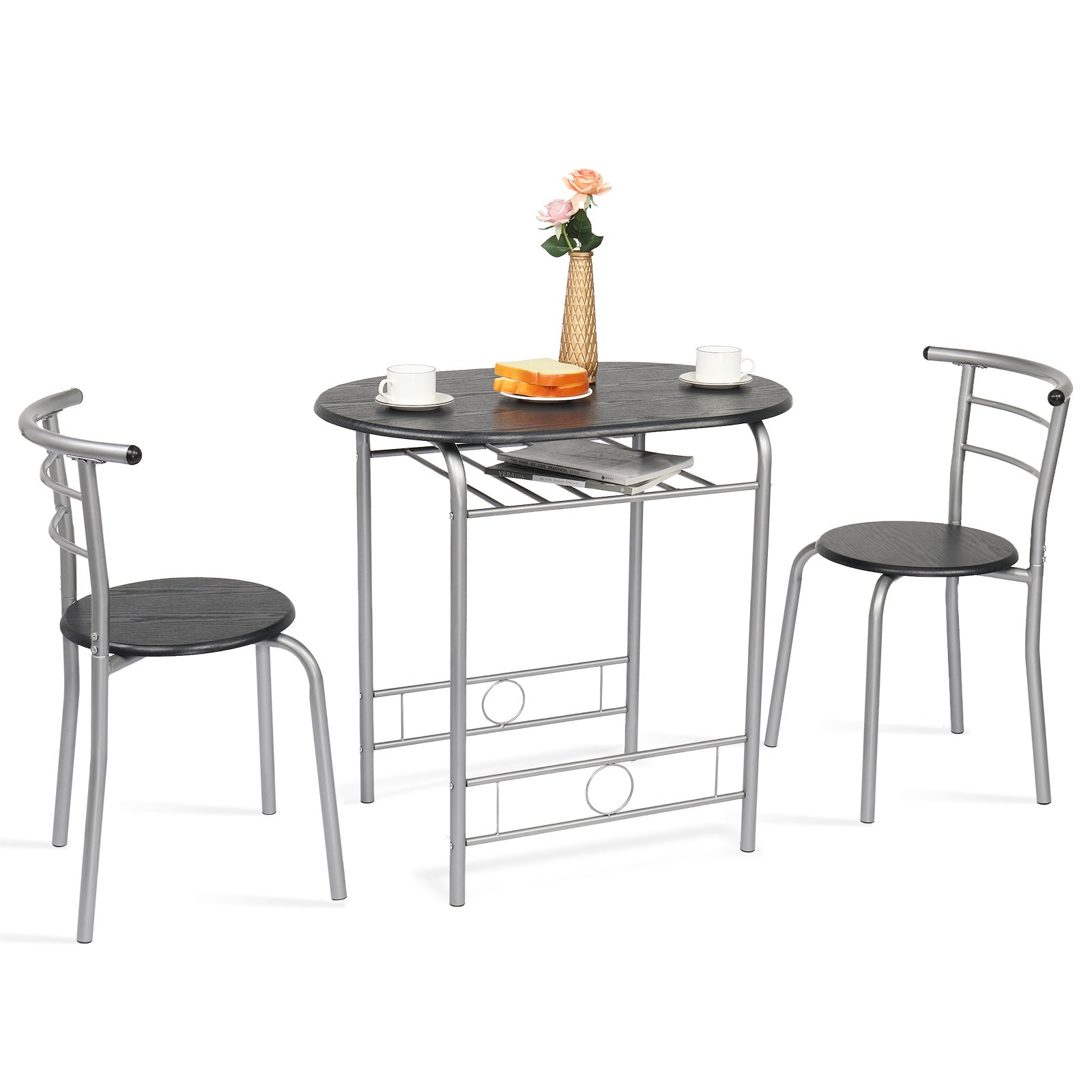 VINGLI 3 Piece Bistro Dining Set, Kitchen Compact Table Breakfast Table, Space-Saving Design Kitchen Wooden Table and 2 Chairs for Small Space\u002FDining Room\u002FApartment,Metal Frame,Wine Rack