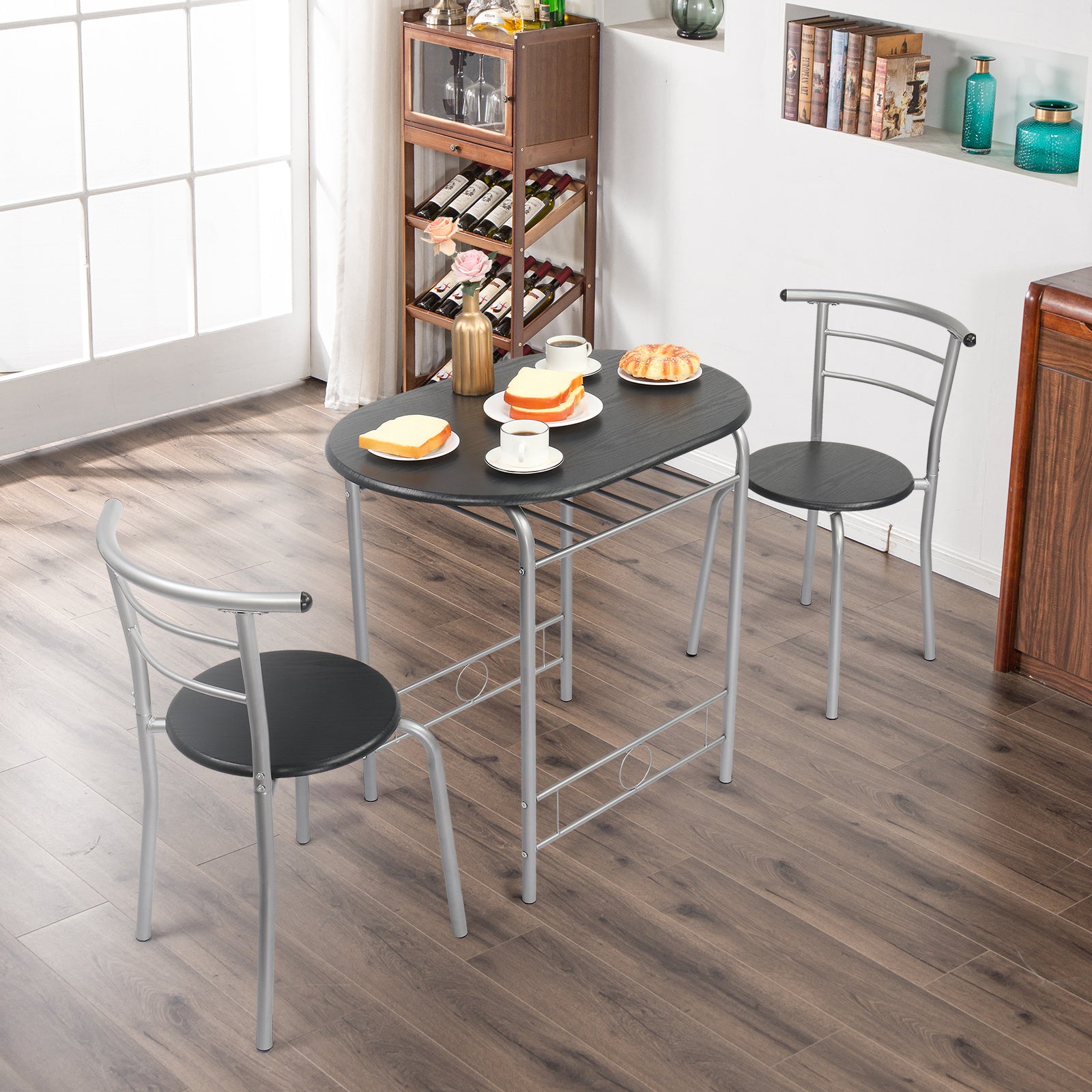 VINGLI 3 Piece Bistro Dining Set, Kitchen Compact Table Breakfast Table, Space-Saving Design Kitchen Wooden Table and 2 Chairs for Small Space\u002FDining Room\u002FApartment,Metal Frame,Wine Rack