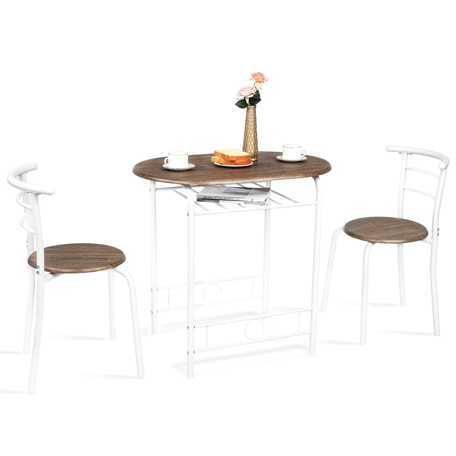 VINGLI 3 Piece Bistro Dining Set, Kitchen Compact Table Breakfast Table, Space-Saving Design Kitchen Wooden Table and 2 Chairs for Small Space\u002FDining Room\u002FApartment,Metal Frame,Wine Rack