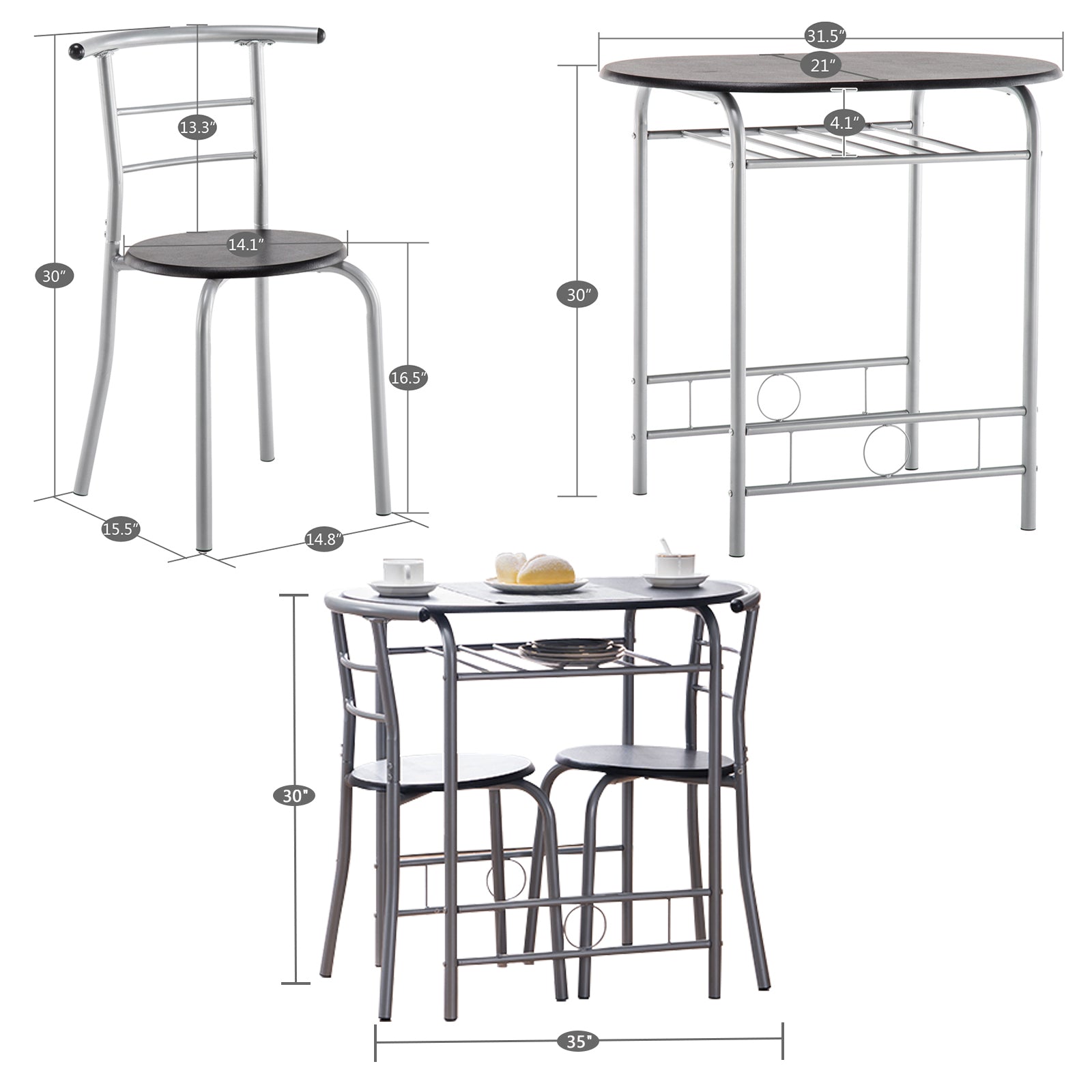 3-piece Dining Table Set, Small Dining Table and Chairs, Breakfast Table and Chair Set for Small Kitchen, Studio, Living Room, Bedroom, Oval Tabletop