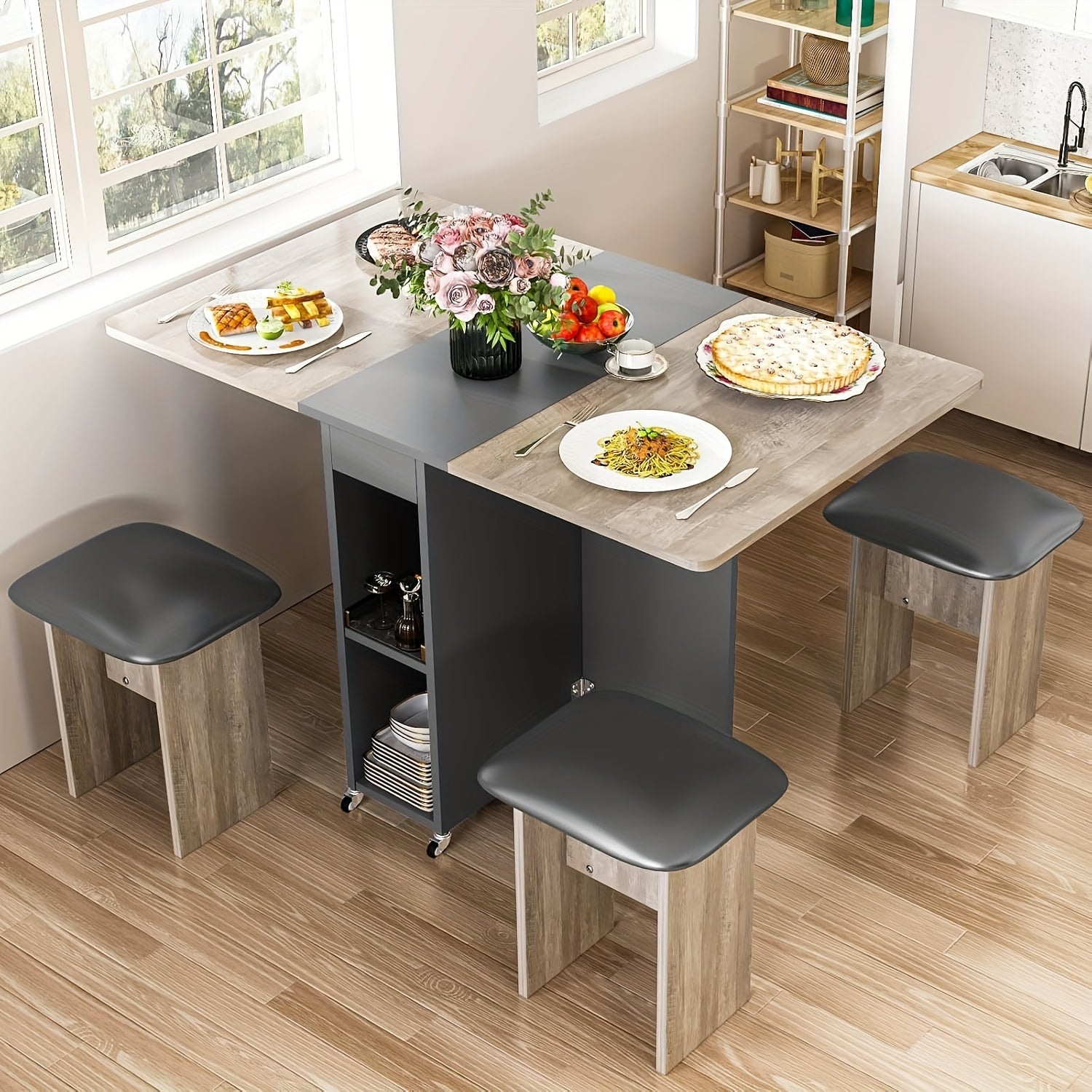 Dining Room Table And Chairs Set For 4, Modern 5pcs Dining Table Set With 2-Tier Storage Cabinet Foldable Dining Table & 4 Faux Leather Square Chairs, Space-Saving Kitchen Dining Table Set For Kitchen, Dining Room