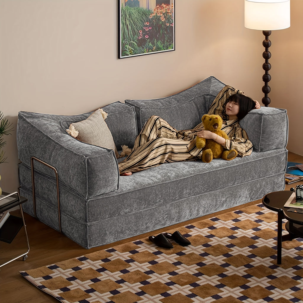 Collapsible Three-Seater Fabric Sofa Bed with Square Armrests, Modular Compressed Living Room Sofa Set, Retro Plush Chenille Casual Chair Sofa, Lazy Sofa, Bedroom Mattress Sleeping Couch, Light Gray, Caramel, Beige