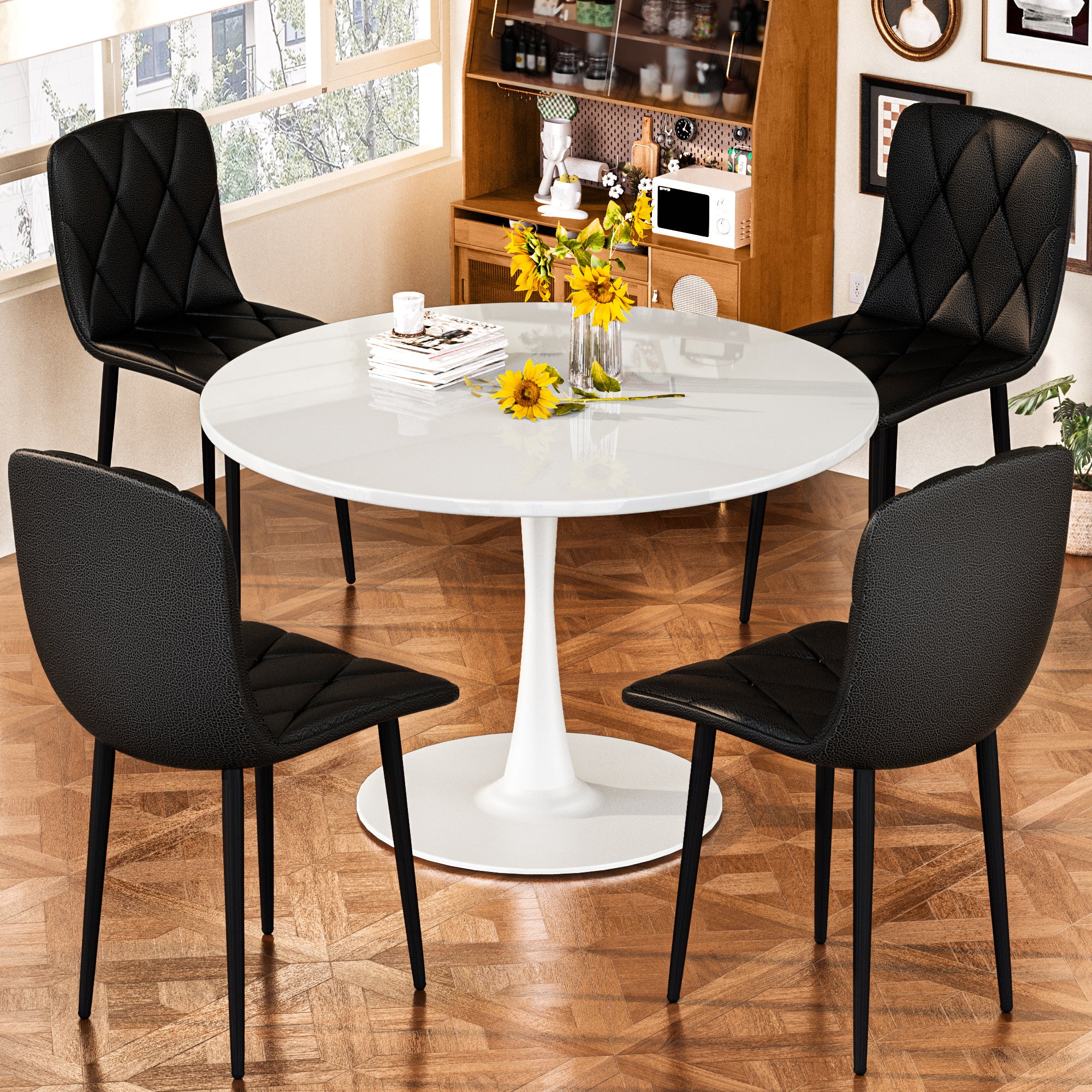 Round Dining Table Set for 4, 39 Inch Circle Dining Room Table with 4 Upholstered Chairs for 4 People, Mid Century Modern Round Kitchen Table and Chairs Set of 4 for Home Kitchen Dining Room Leisure Area (Brown Table + 4 Chairs)