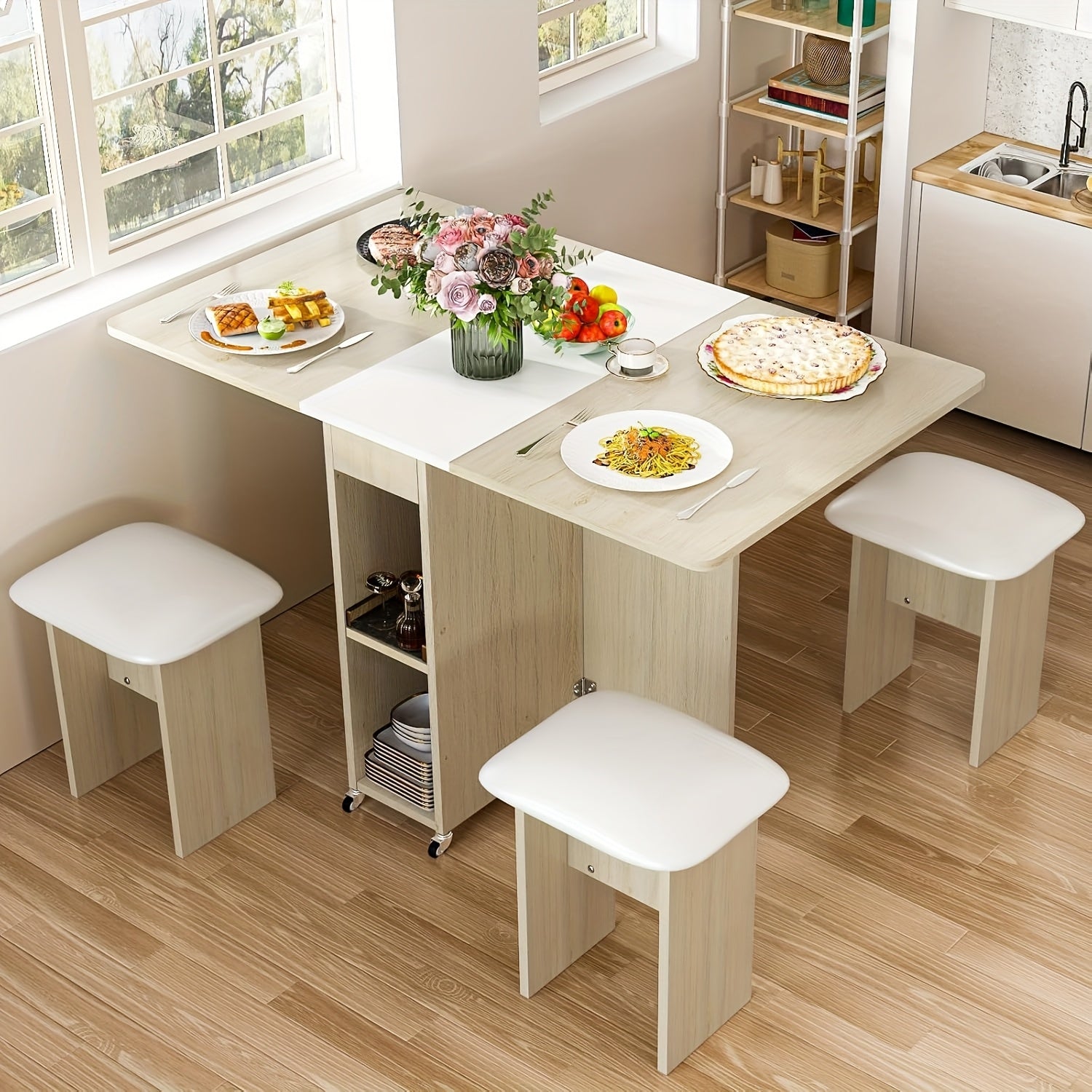 Dining Room Table And Chairs Set For 4, Modern 5pcs Dining Table Set With 2-Tier Storage Cabinet Foldable Dining Table & 4 Faux Leather Square Chairs, Space-Saving Kitchen Dining Table Set For Kitchen, Dining Room