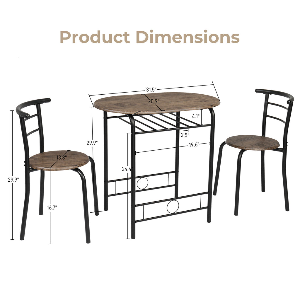 VINGLI 3 Piece Bistro Dining Set, Kitchen Compact Table Breakfast Table, Space-Saving Design Kitchen Wooden Table and 2 Chairs for Small Space\u002FDining Room\u002FApartment,Metal Frame,Wine Rack