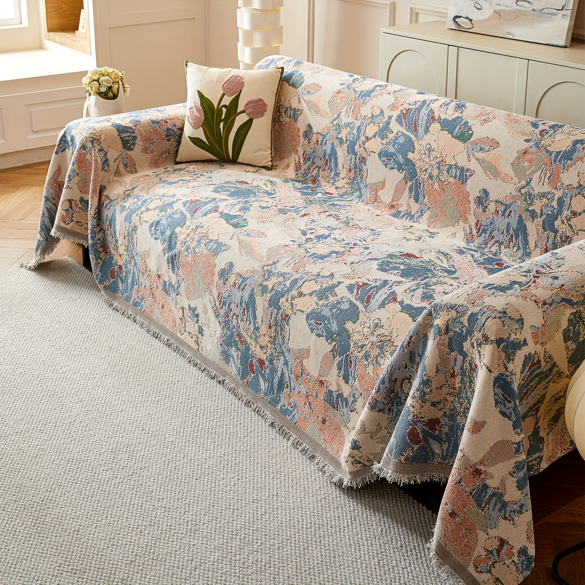 Versatile American Floral Chenille Sofa Cover - Dual-Sided, Pet-Friendly, Machine Washable Couch Protector for Living Room, Kitchen, and Cafe Decor, Couch Covers for Sofa