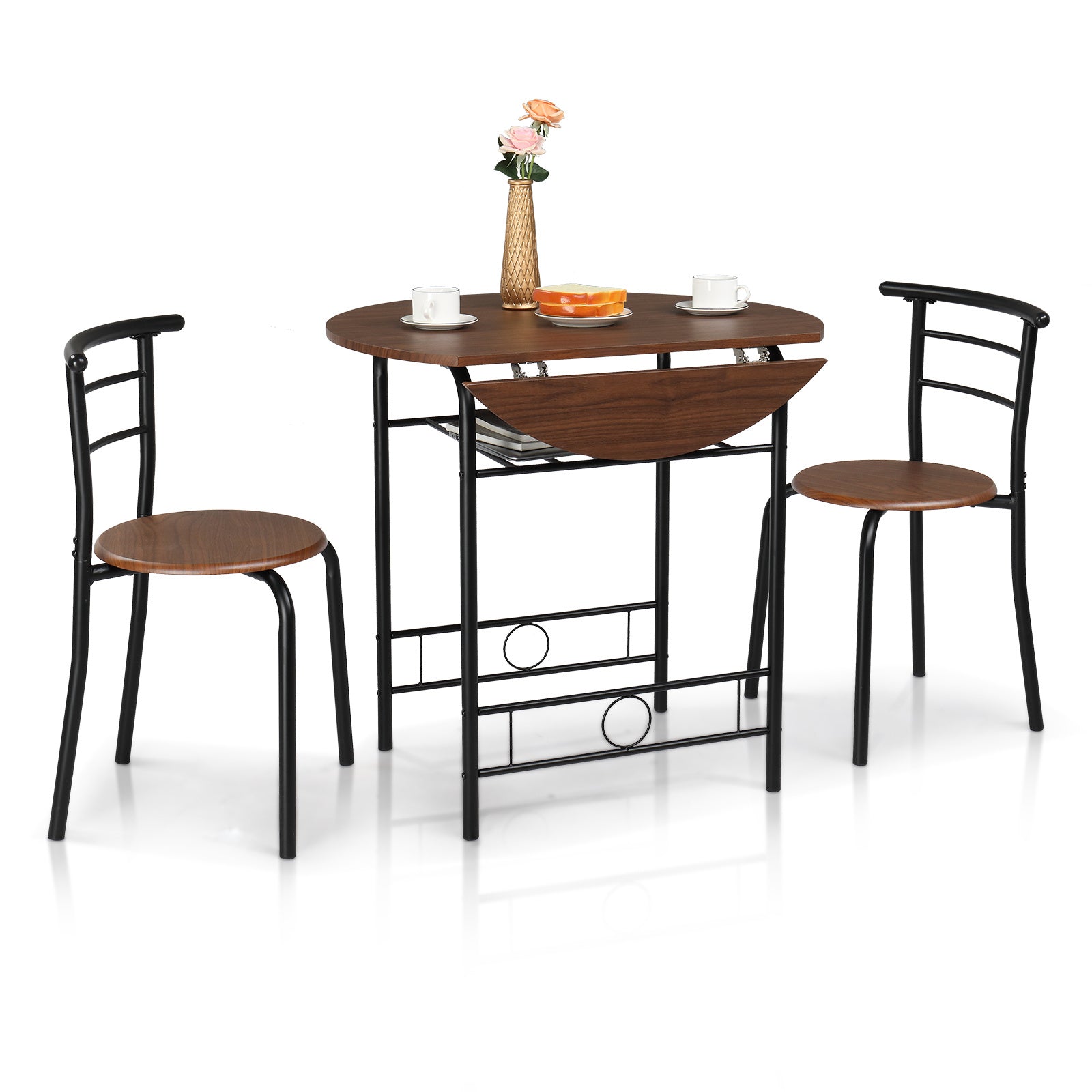 VINGLI 3 Piece Bistro Dining Set, Kitchen Compact Table Breakfast Table, Space-Saving Design Kitchen Wooden Table and 2 Chairs for Small Space\u002FDining Room\u002FApartment,Metal Frame,Wine Rack