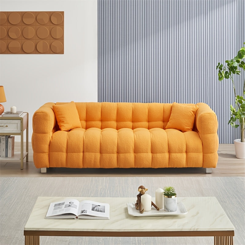 Modern White Plush Teddy Sofa - 80 Inches, Minimalist Design with Two Throw Pillows & Heavy-Duty Hardware Support, Perfect for Living Room or Bedroom, Available in 5 Colors, Comfy Couch