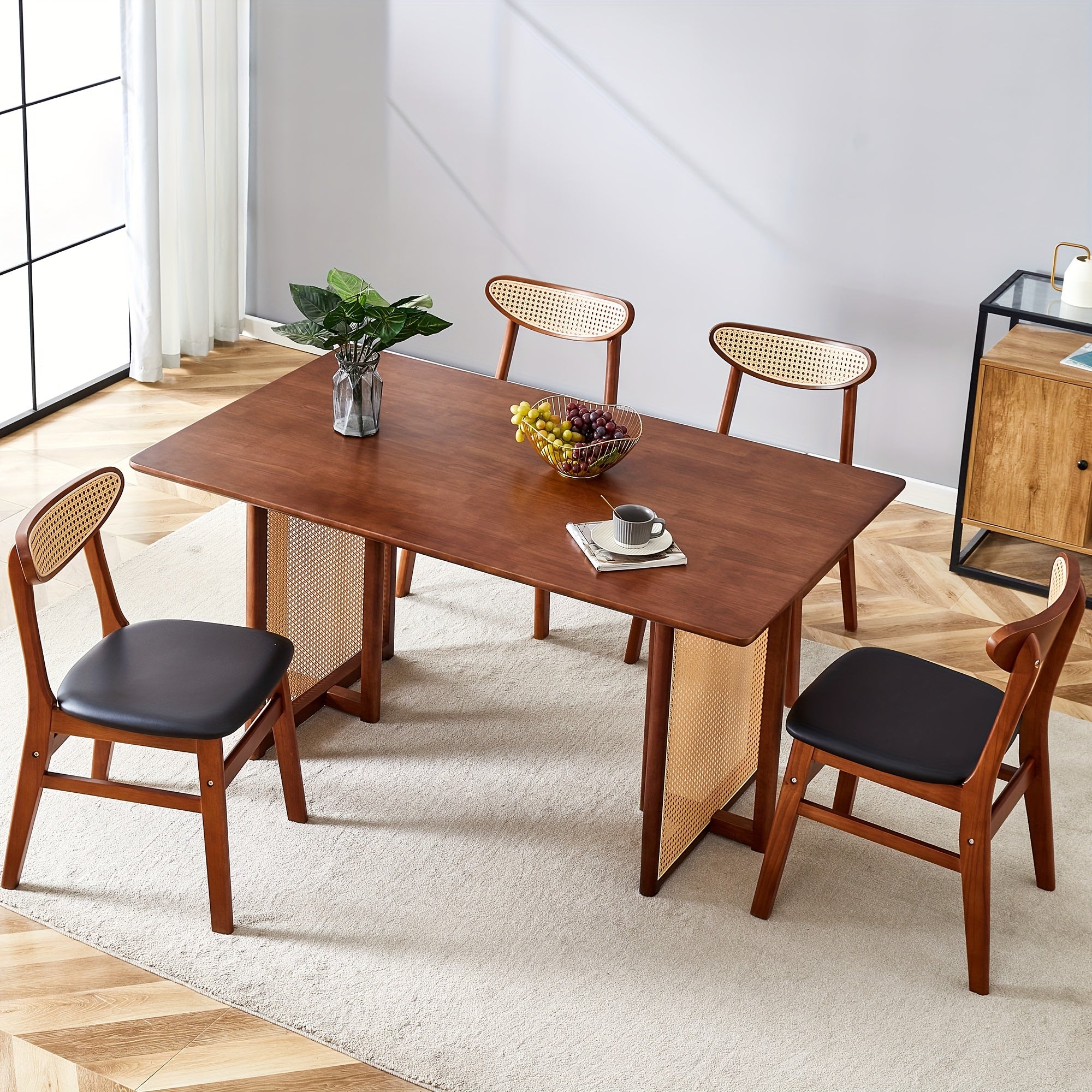 Table And Chair Set, 1 Table And 4 Or 6 Chairs, Mid-Century Modern Table & Chair Set, Kitchen Furniture Set With 4 Or 6 Chairs, Ancient Style Solid Wood Dining Table, Imitation Rattan Table Legs, Farmhouse Style