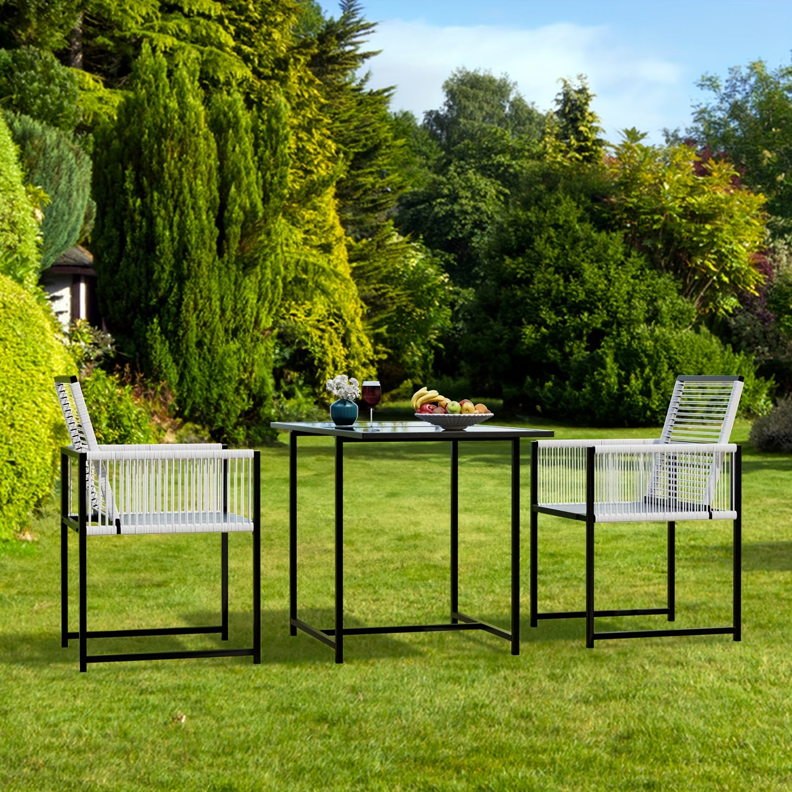 3pcs Rattan Patio Dining Set with Rectangle Table 3 -Piece Black Rattan Patio Dining Set Steel Rectangle Table with 2 Stationary Chairs