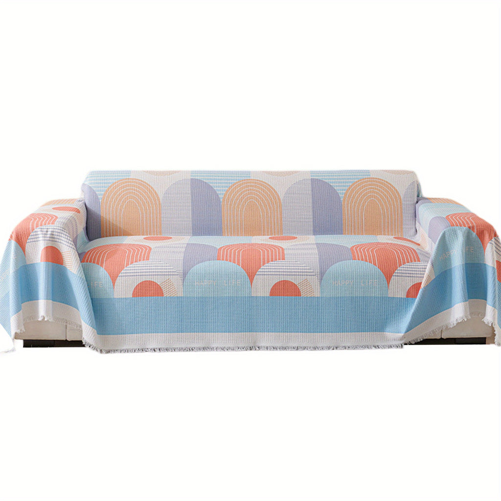 Washable Waffle Sofa Cover with Tassels - Geometric Pattern, Decorative Couch Protector for Pets and Youngsters, Fits Single to Double Seat Sofas, Youngsters Play Cover | Contemporary Sofa Cover | Easycare Fabric