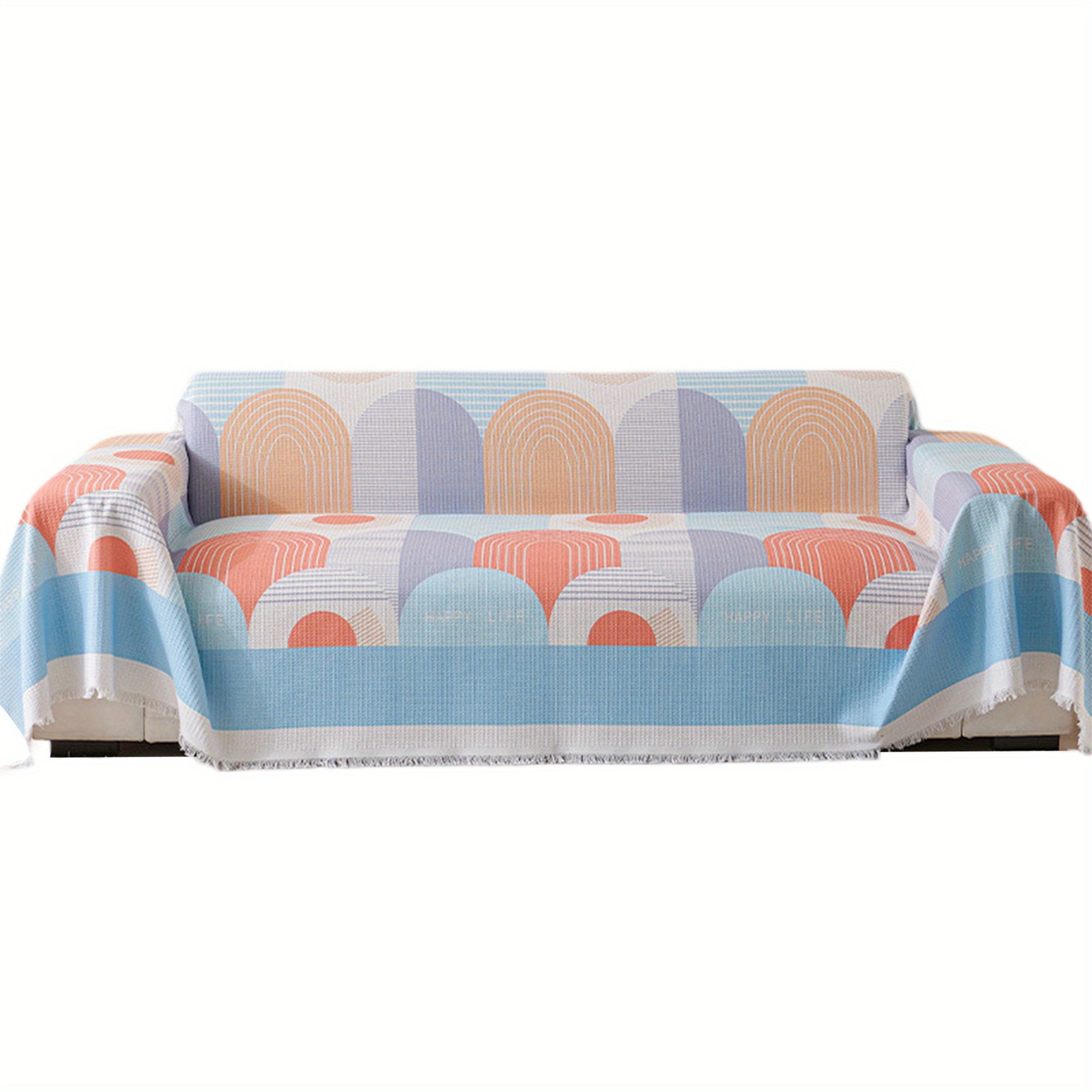 Washable Waffle Sofa Cover with Tassels - Geometric Pattern, Decorative Couch Protector for Pets and Youngsters, Fits Single to Double Seat Sofas, Youngsters Play Cover | Contemporary Sofa Cover | Easycare Fabric